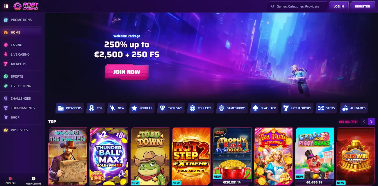 Roby Casino homepage showing the 250% welcome package banner