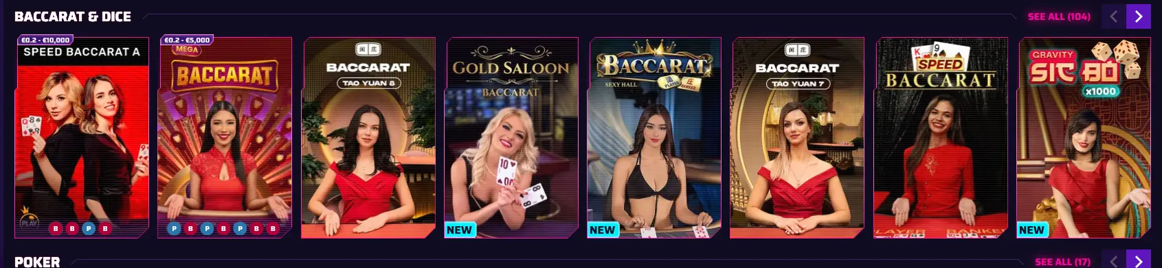 Roby Casino live baccarat table with Dragon Tiger Baccarat and Punto Banco