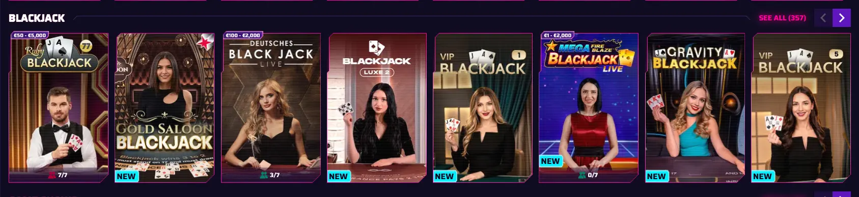 Roby Casino live blackjack table with VIP Blackjack and Speed Blackjack