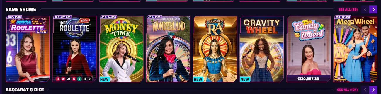 Roby Casino live game show studio with Candy Wheel and Joker's Show