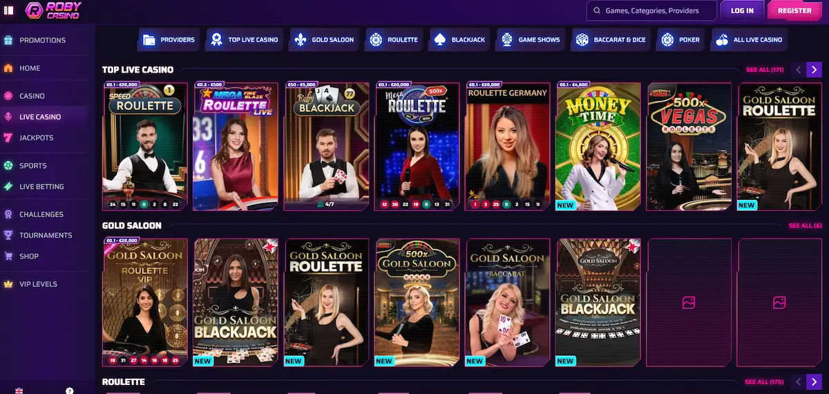 Roby Casino live dealer lobby streamed by Evolution Gaming