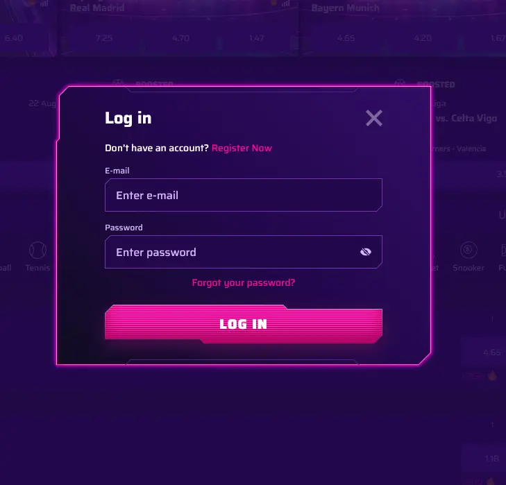Roby Casino login screen with email and password fields