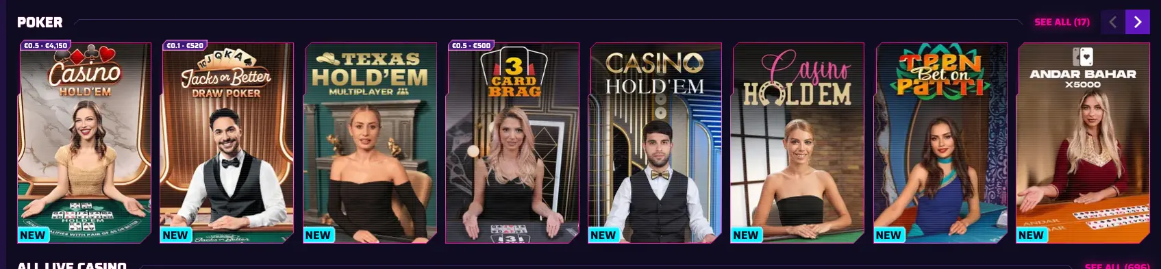 Roby Casino live poker table with casino hold'em formats